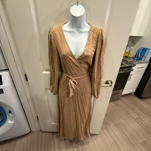Tan Long Sleeve Wrap Dress